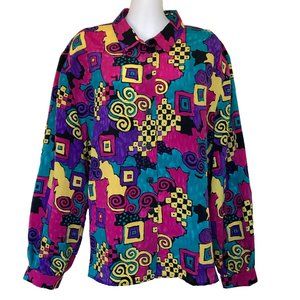 Marjorie Hamilton Bold Colorful Print Shirt Blouse Vintage 90s Jewel Tone Top